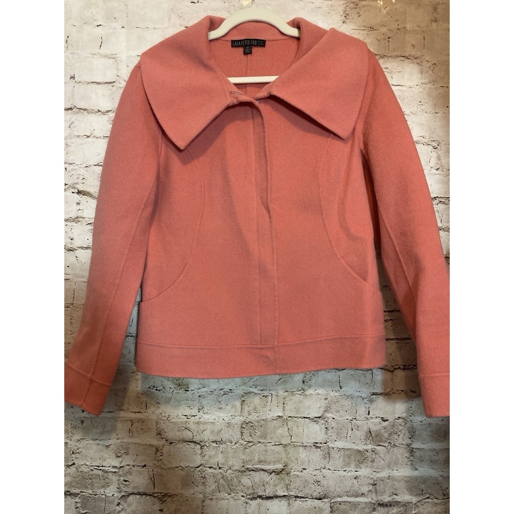 Lafayette 148 Jacket 8 Salmon Pink Wool & Angora Zip Front Wide Collar Pockets